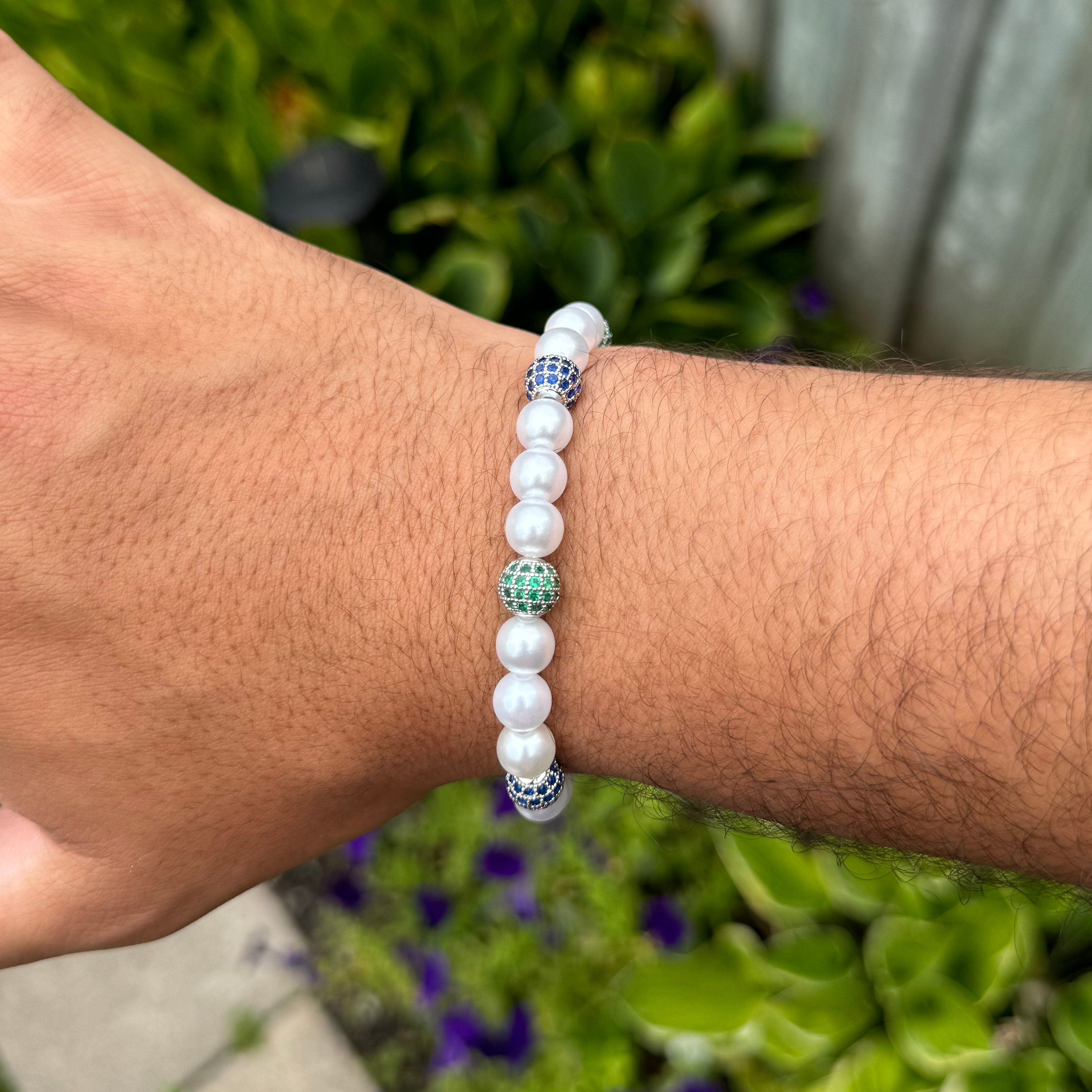 Green Blue Pearl Bracelet - Silver Hardware